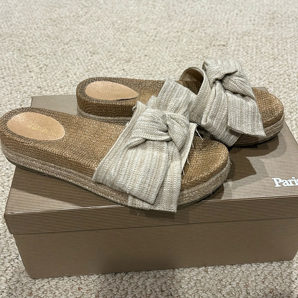 altar'd state • neutral cream linen knit bow espadrille platform slides sandals